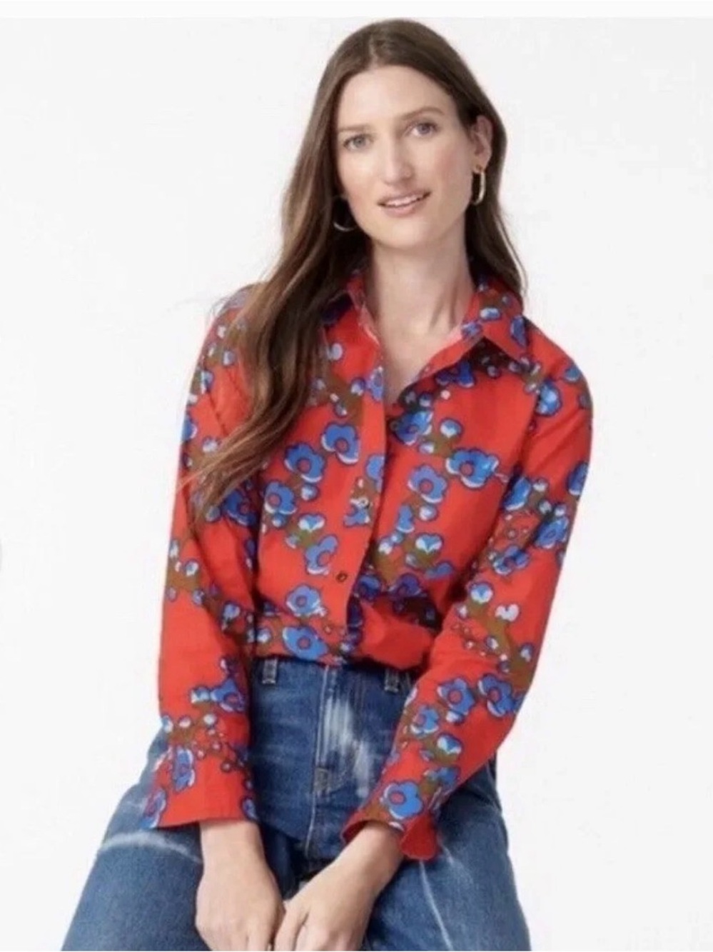 J. Crew Collection Red Floral Button-Down Shirt with Blue Accents